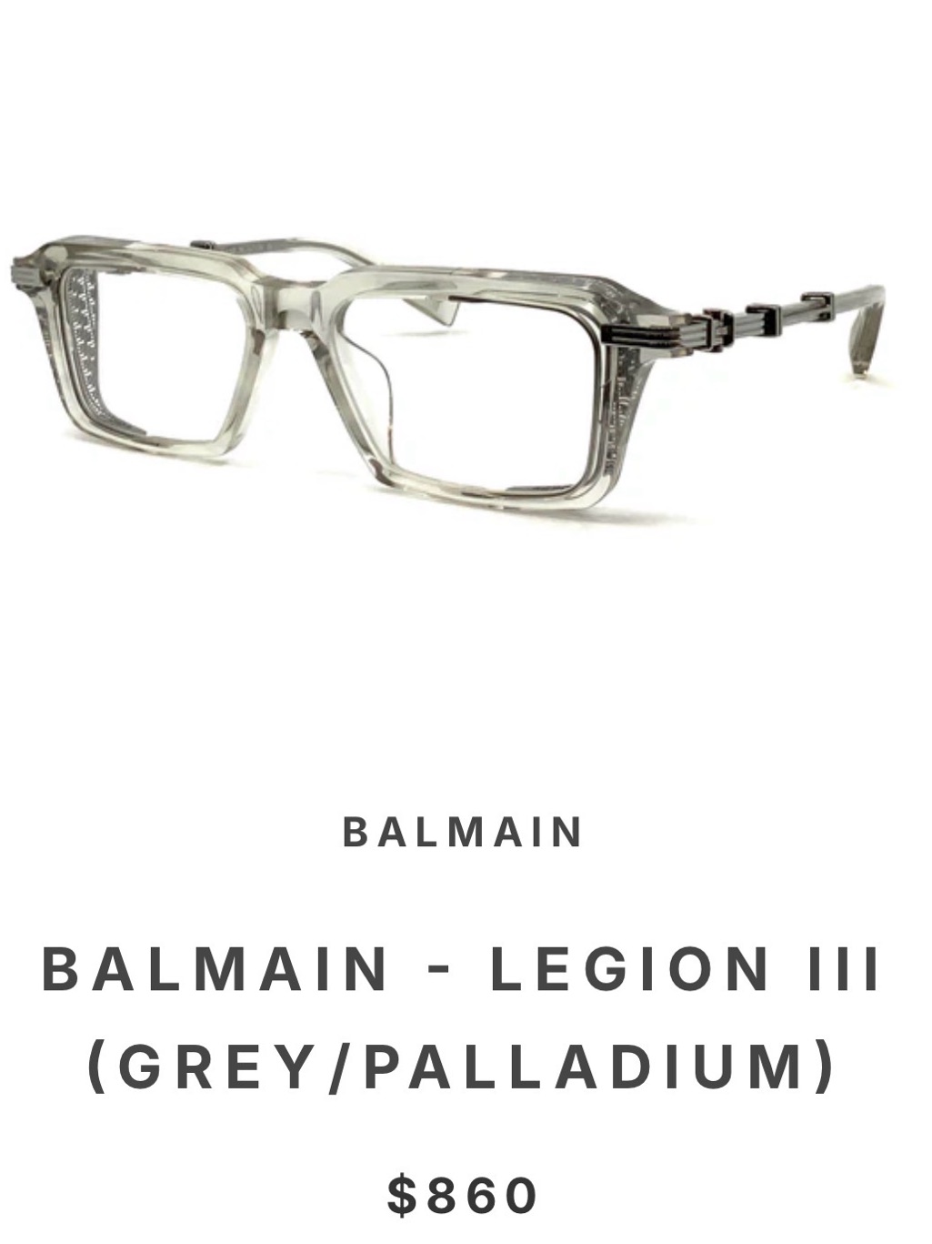 Balmain Transparent Grey Frame Glasses With Palladium Accents